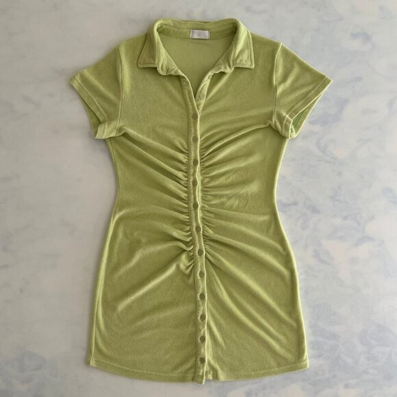 Isalis Green Retro Terry Cloth Button Up Short Sleeve Dress Cover Up - Picture 1 of 6